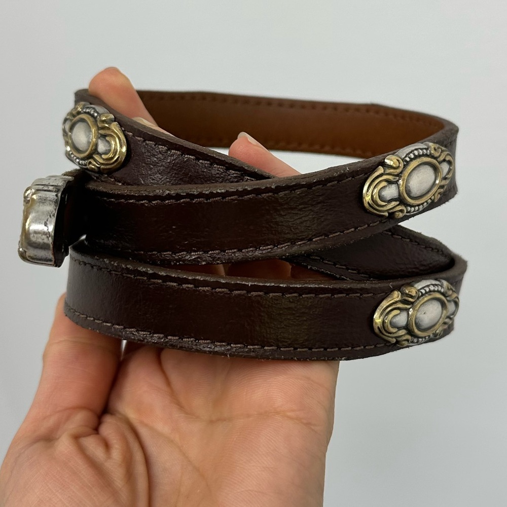⛔️SOLD⛔️Vintage Mixed Metal Two Tone Brown Leather Western Narrow Belt Adjustabl - Picture 5 of 9
